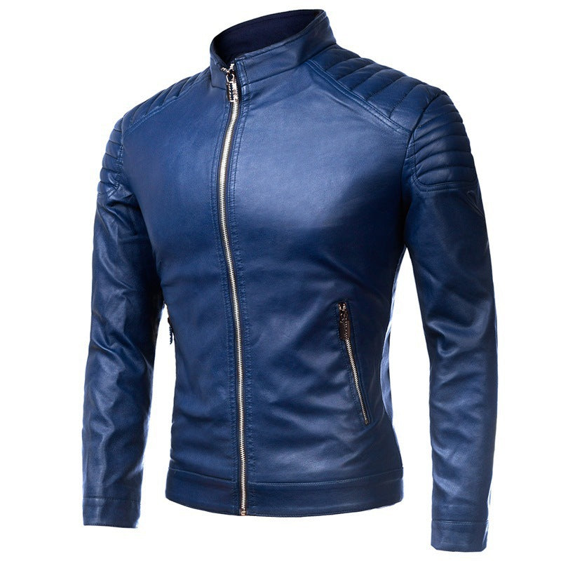 Men's slim biker jacket made of smooth leather with quilted shoulder area and stand-up collar Chichicherry