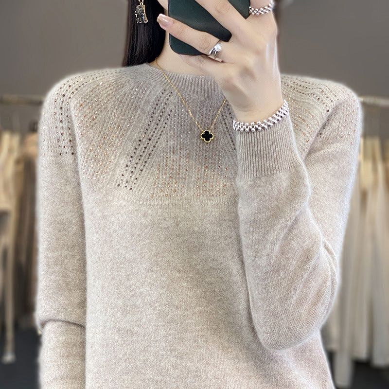 Ladies Soft Cashmere-Look Fine Knit Sweater with Ajour-Yoke and Sequin Trim Chichicherry