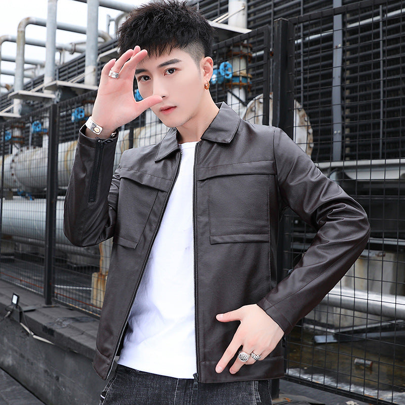Men's slim faux leather trucker jacket with flap pockets and concealed zipper Chichicherry