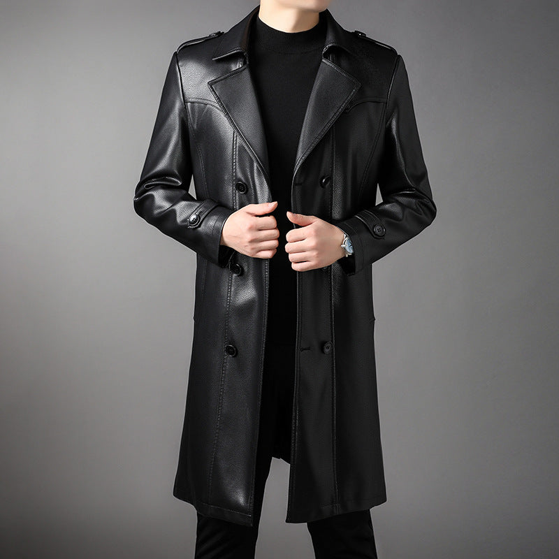 Men's Long Leather Trench Coat with Waist Belt and Double-Breasted Button Placket Chichicherry