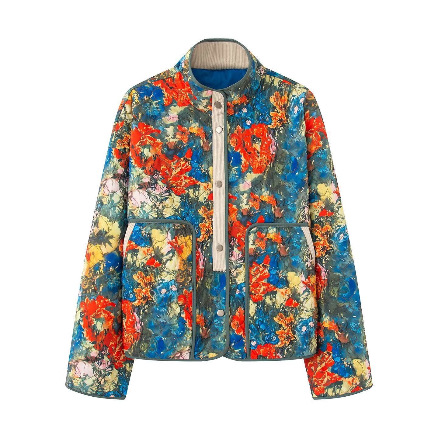 Women Quilted Transitional Jacket with Floral Allover Pattern and Stand Collar Chichicherry