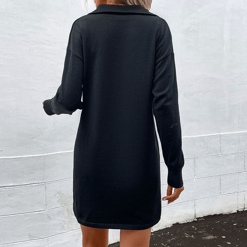 Women's Knitted Half-Zip Fine Knit Mini Dress with Stand-Up Collar and Ribbed Cuffs Chichicherry