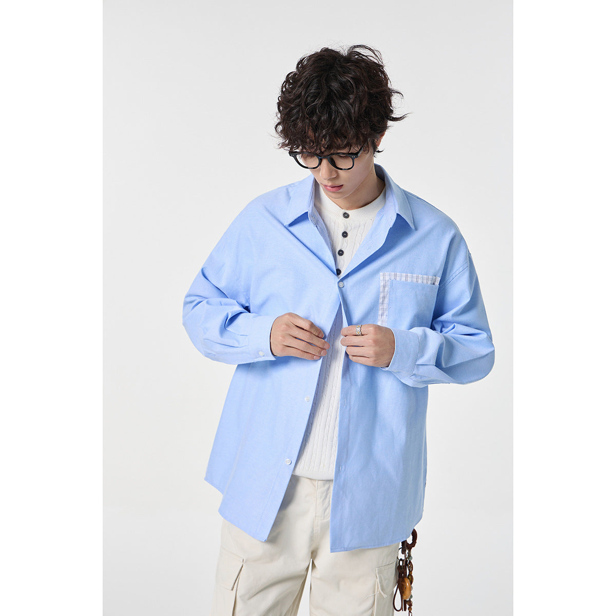Women's Oversized Cotton Shirt with Check Trim at Chest Pocket and Hem
