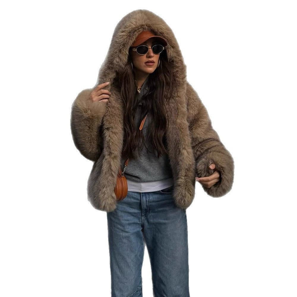 Women's Boxy Faux Fur Jacket in Teddy Look with Oversized Shawl Collar Chichicherry