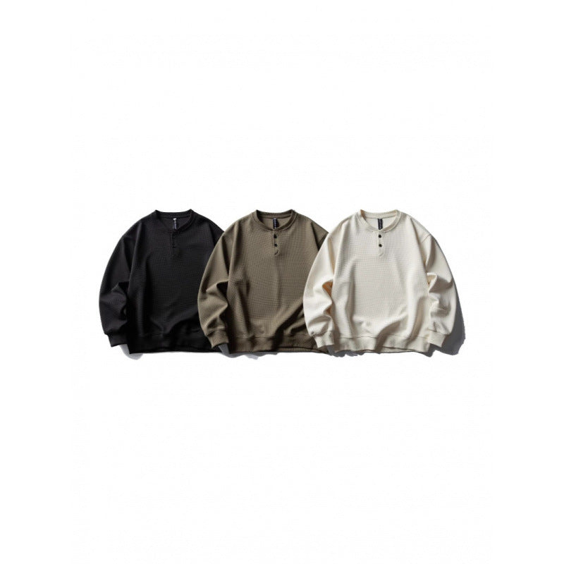 Unisex Waffle Knit Henley Sweatshirt in Oversize Cut with Button Placket Chichicherry