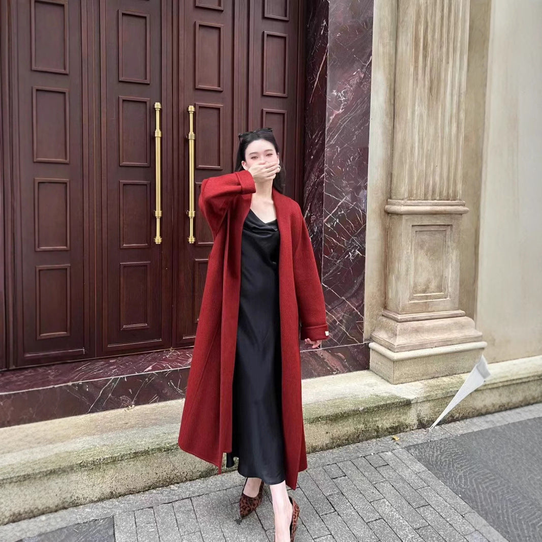 Ladies Mid-length Wrap Coat with Tied Belt and Shawl Collar Chichicherry