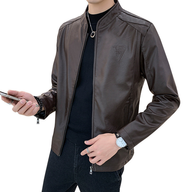 Men's Slim Faux Leather Moto Blouson with Stand Collar and Zipper Sleeves Chichicherry