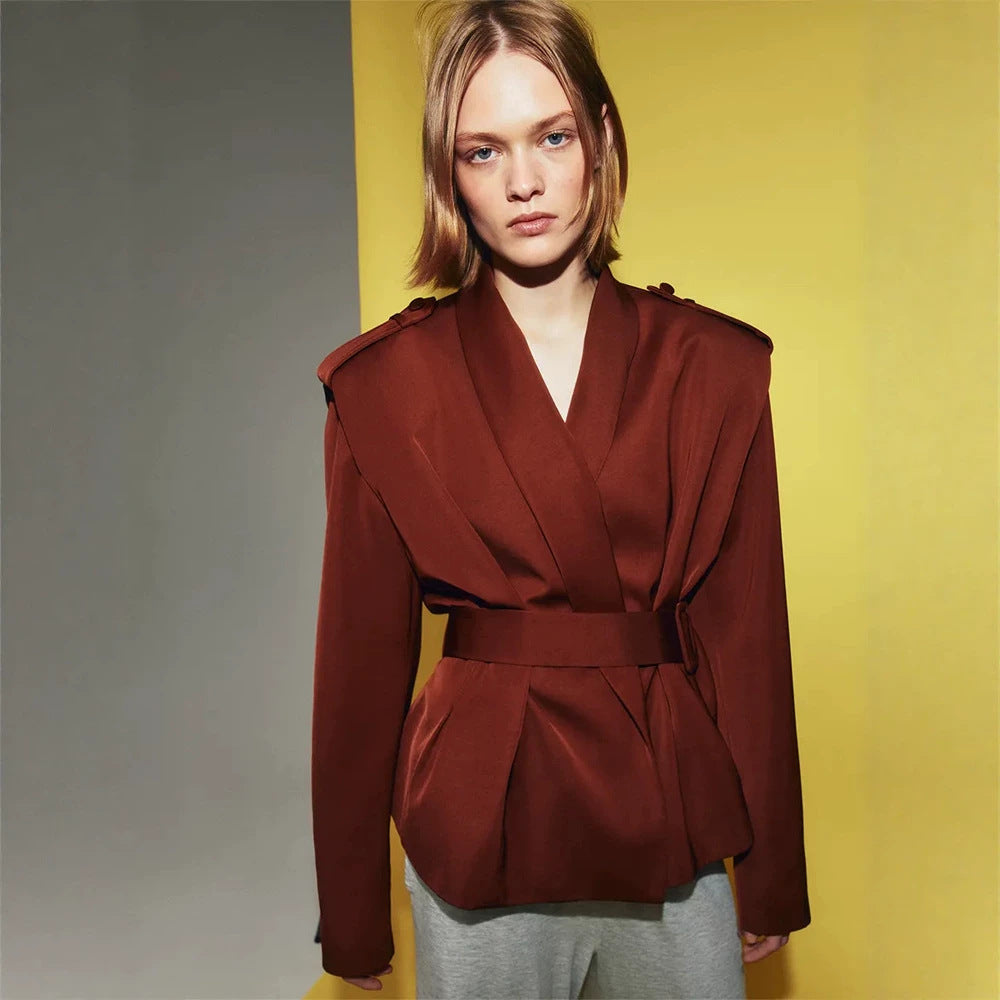 Women Tailored Wrap Blazer with Wide Belt and Decorative Epaulettes Chichicherry