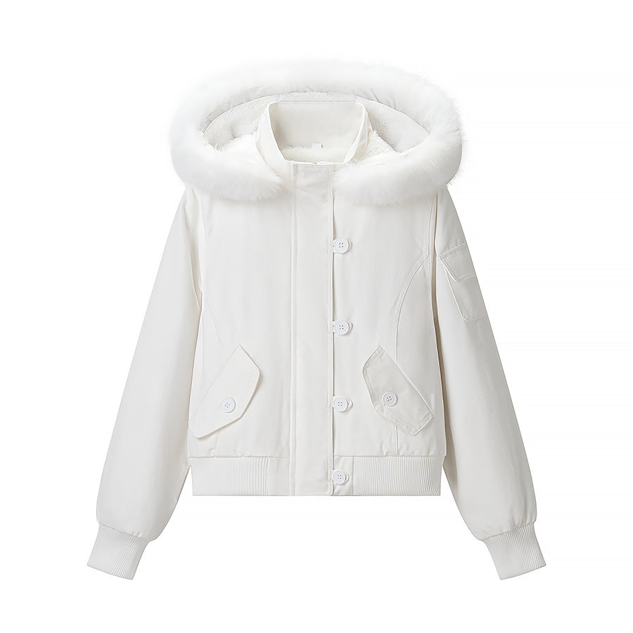 Women's short jacket with padded lining, hood with faux fur trim and ribbed hem Chichicherry