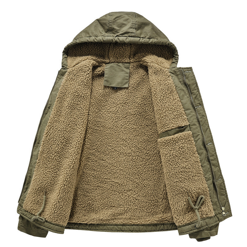 Men's padded hoodie in canvas look with Sherpa lining and Chichicherry military print