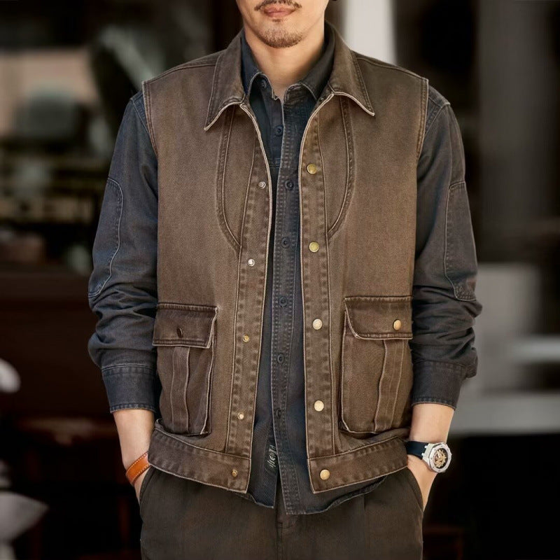 Herren Utility-Weste mit Cordkragen, Druckknopfverschluss und aufgesetzten Pattentaschen Chichicherry