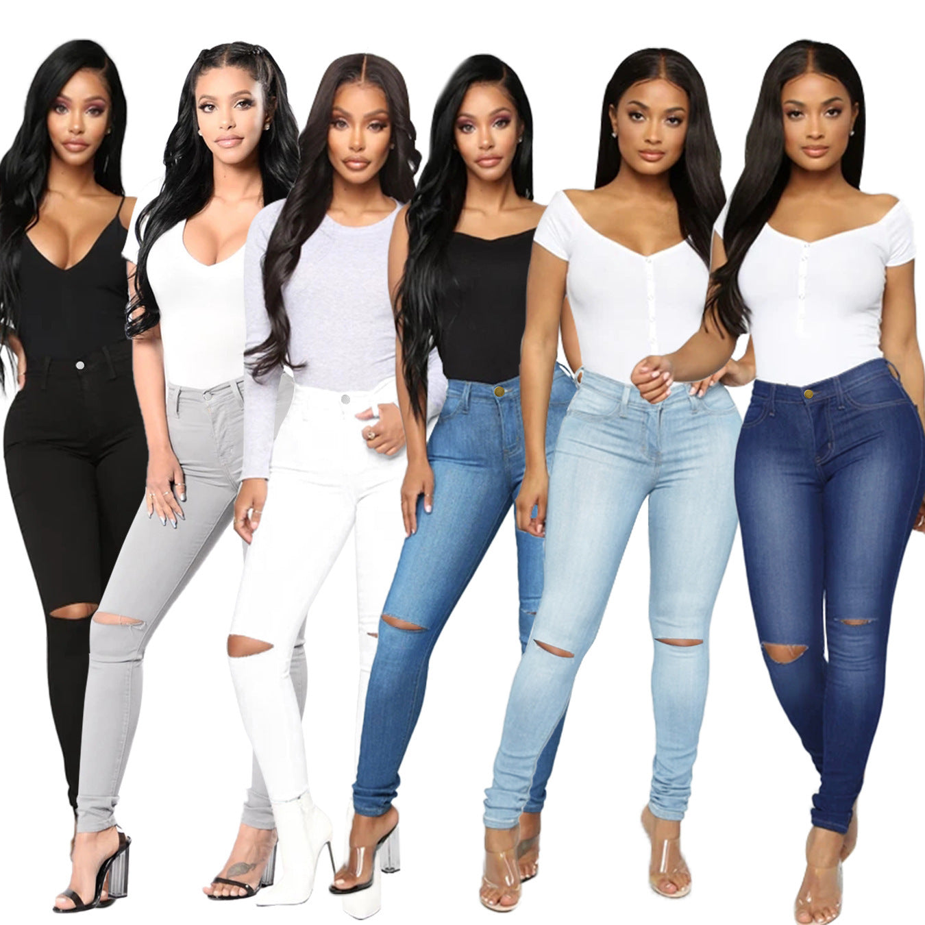 Women's High-Waist Skinny Jeans with Knee Rips and Figure-Flattering Cut Chichicherry