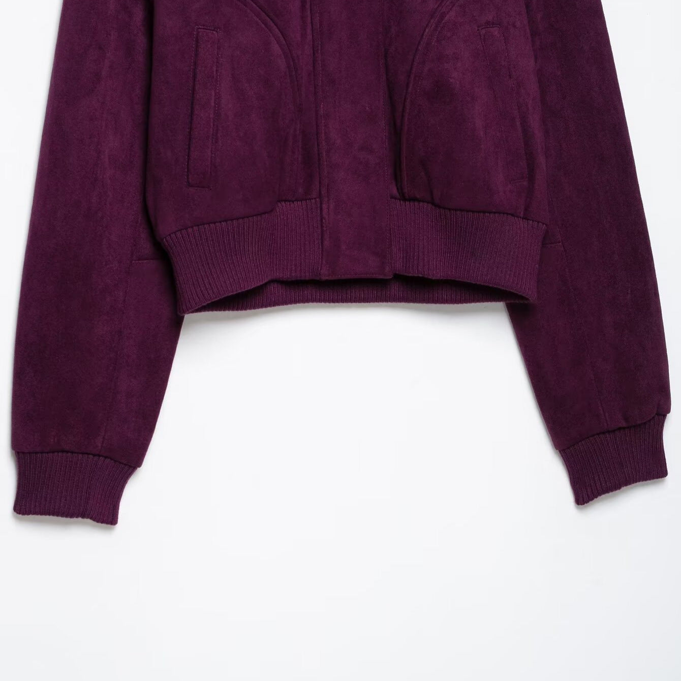 Women Cropped Velvet Jacket in Bomber Style with High Ribbed Collar and Waistband Chichicherry