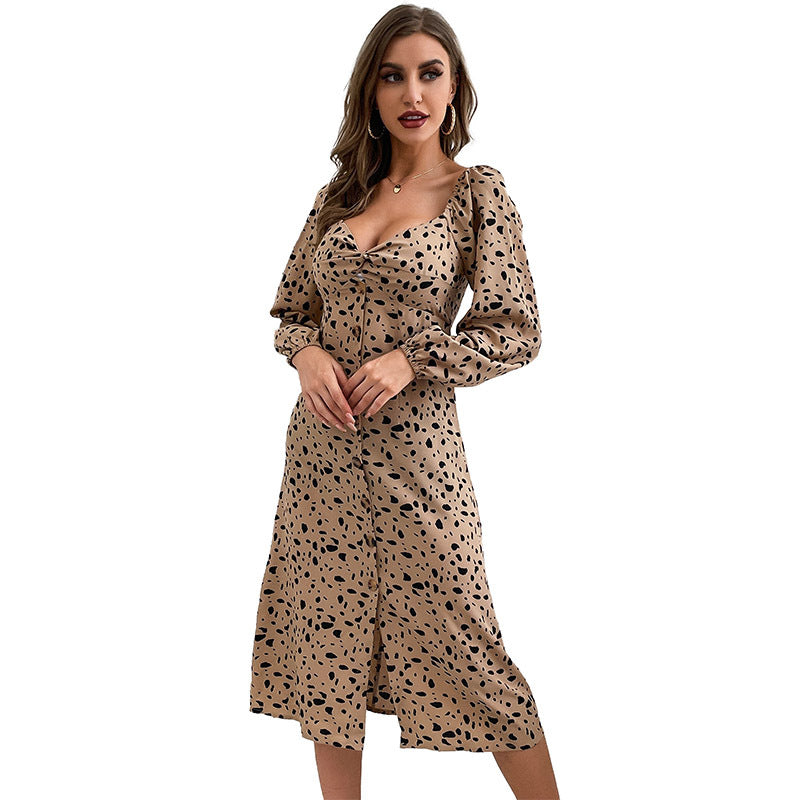 Women's midi dress with twisted neckline, button placket and balloon sleeves Chichicherry