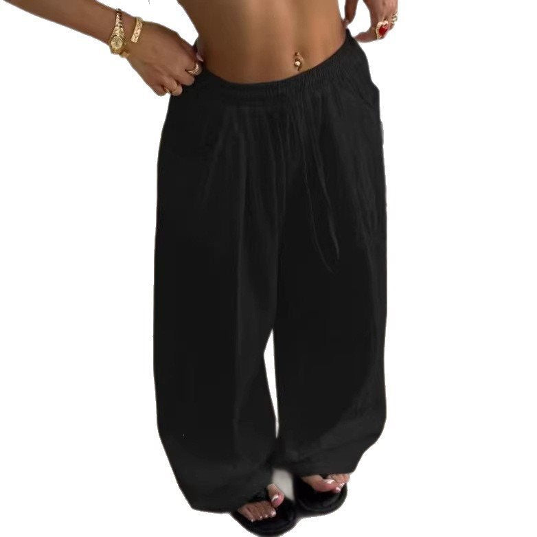 Women Wide Linen Blend Pants with High Elastic Waistband, Drawstring and Side Pockets Chichicherry