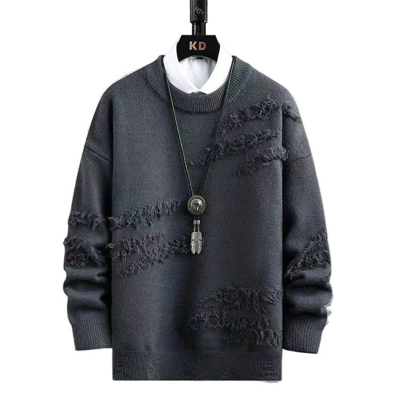 Herren Oversized Strickpullover mit Fransen‑Used‑Details und Rundhalsausschnitt Chichicherry