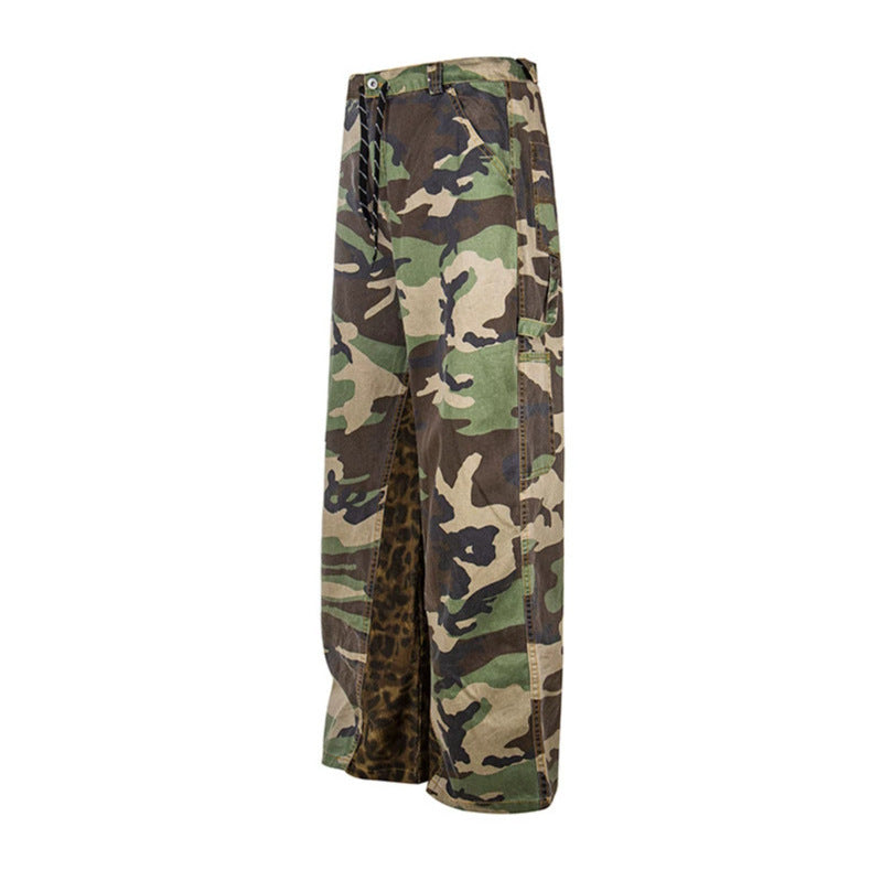Ladies Wide Cargo Culotte Pants with Camouflage Print and Leopard Detail Chichicherry