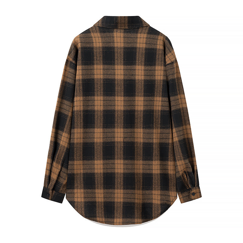 Women's Oversized Check Shirt Blouse with Patch Breast Pockets and Rounded Hem Chichicherry