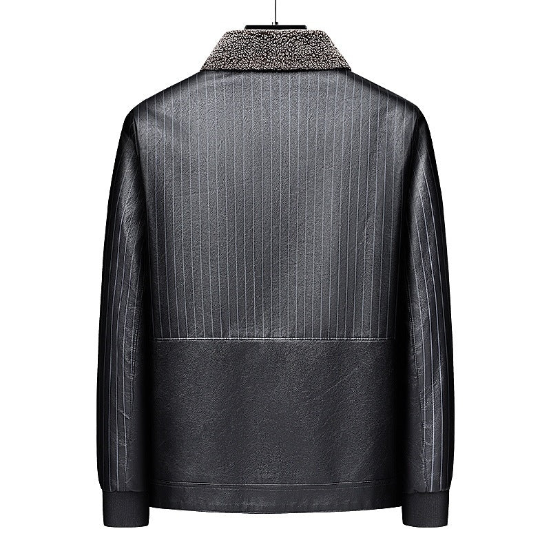 Men's Faux Leather Blouson with Sherpa Collar, Warm Teddy Lining and Pinstripe Detail Chichicherry