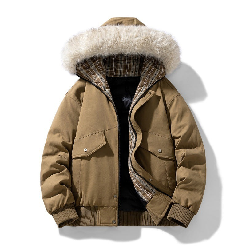 Men's short parka with padded lining, detachable hood, and patch pockets Chichicherry