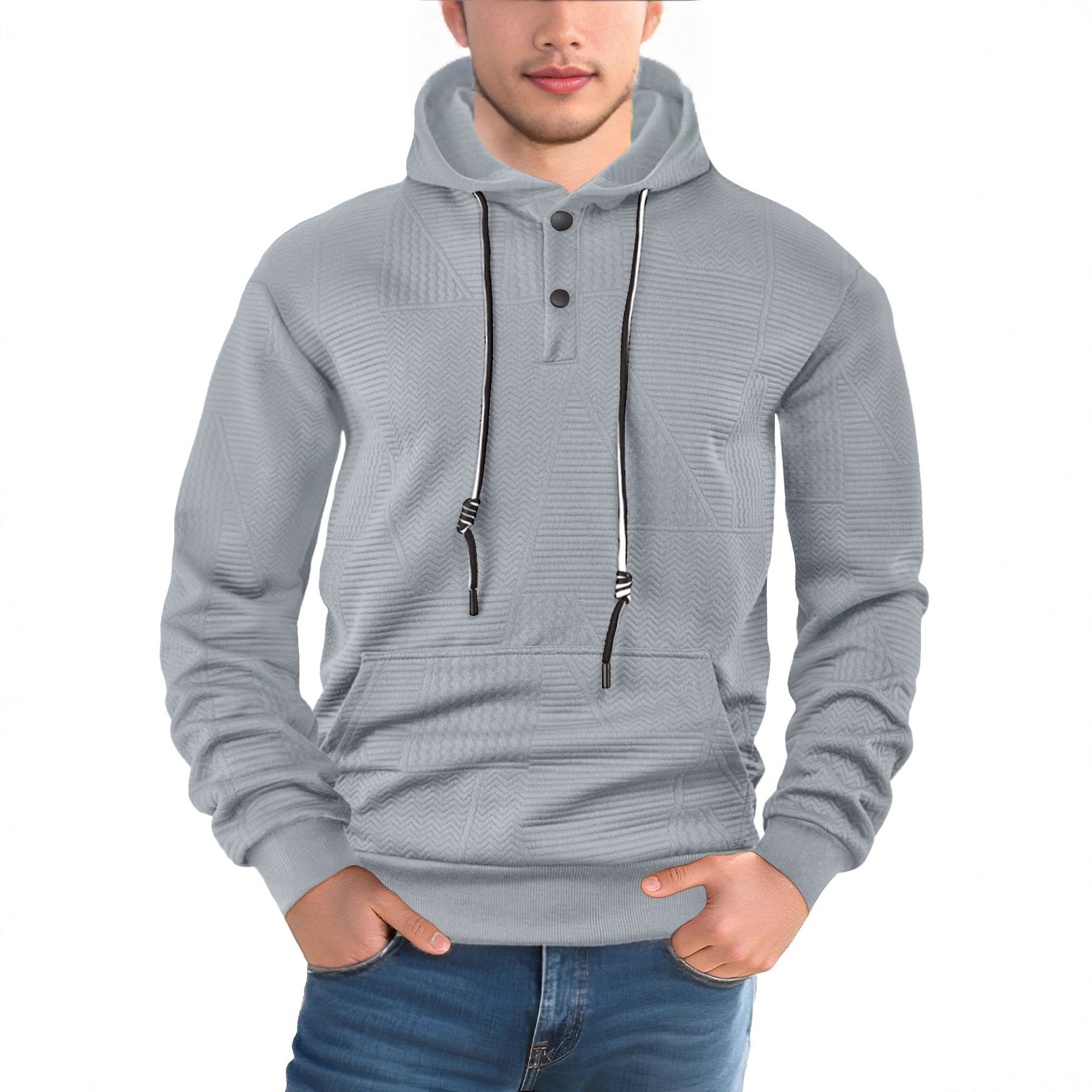 Men's Textured Hoodie with Quilted Patch Structure and Snap Button Placket Chichicherry
