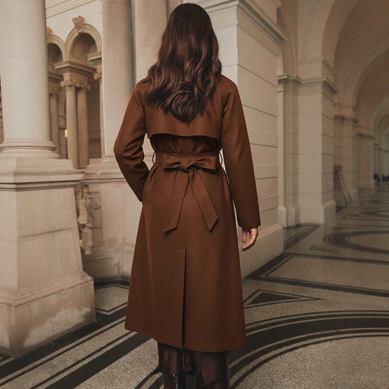 Women’s Long Tailored Wool Coat with Double-Breasted Button Placket and Tied Belt Chichicherry