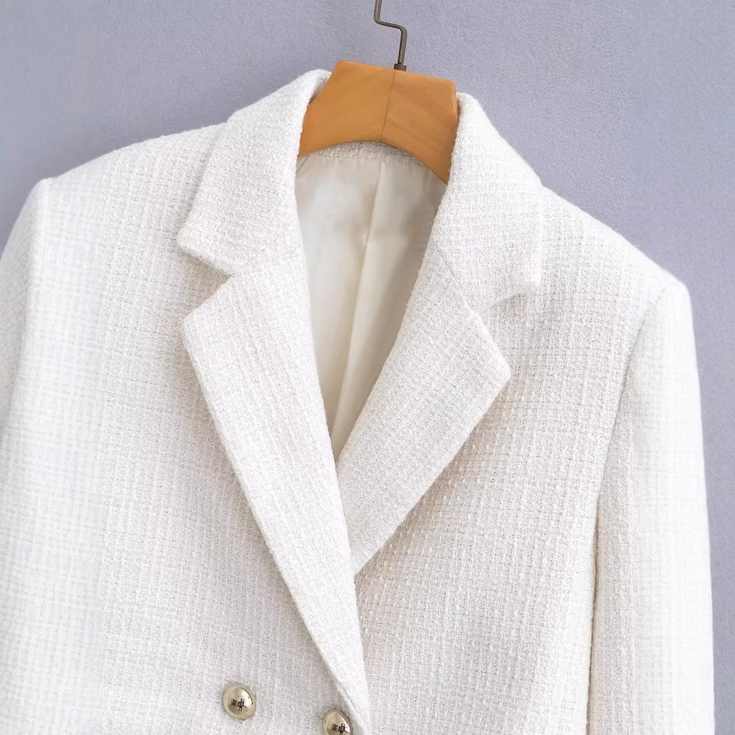 Women's Short Cut Boucle Blazer with Tailored Silhouette and Double Button Chichicherry