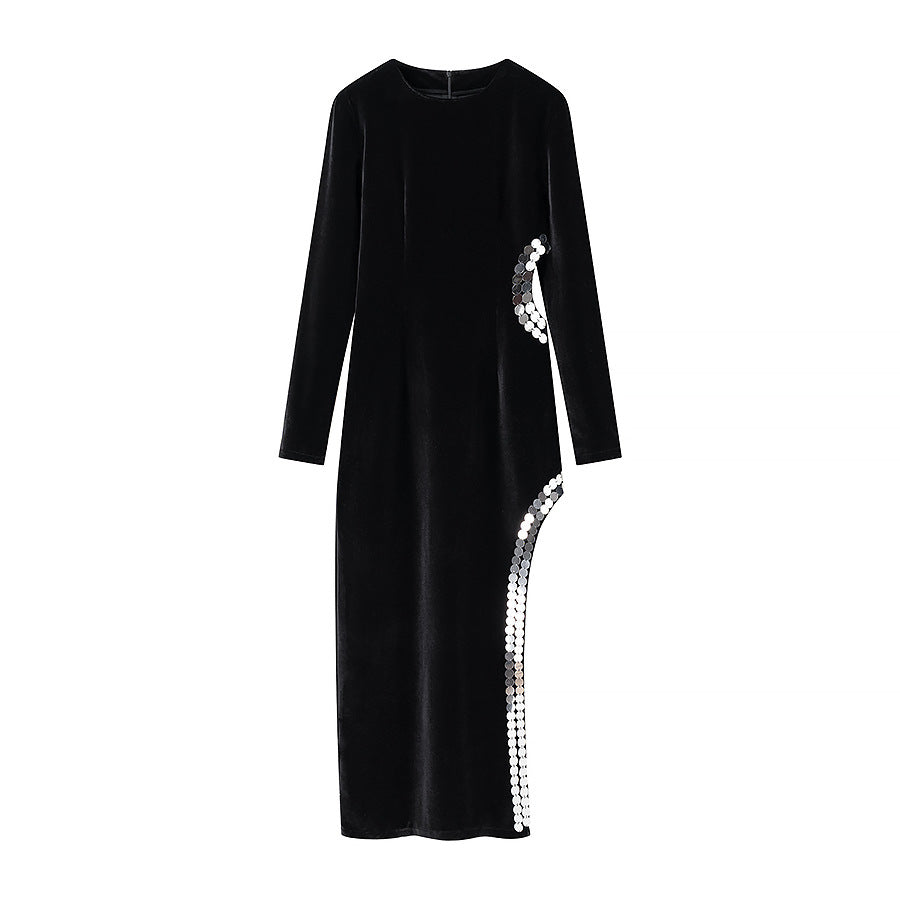 Women's Figure-Hugging Velvet Maxi Dress with Long Sleeves and Side Sequin Detailing Chichicherry