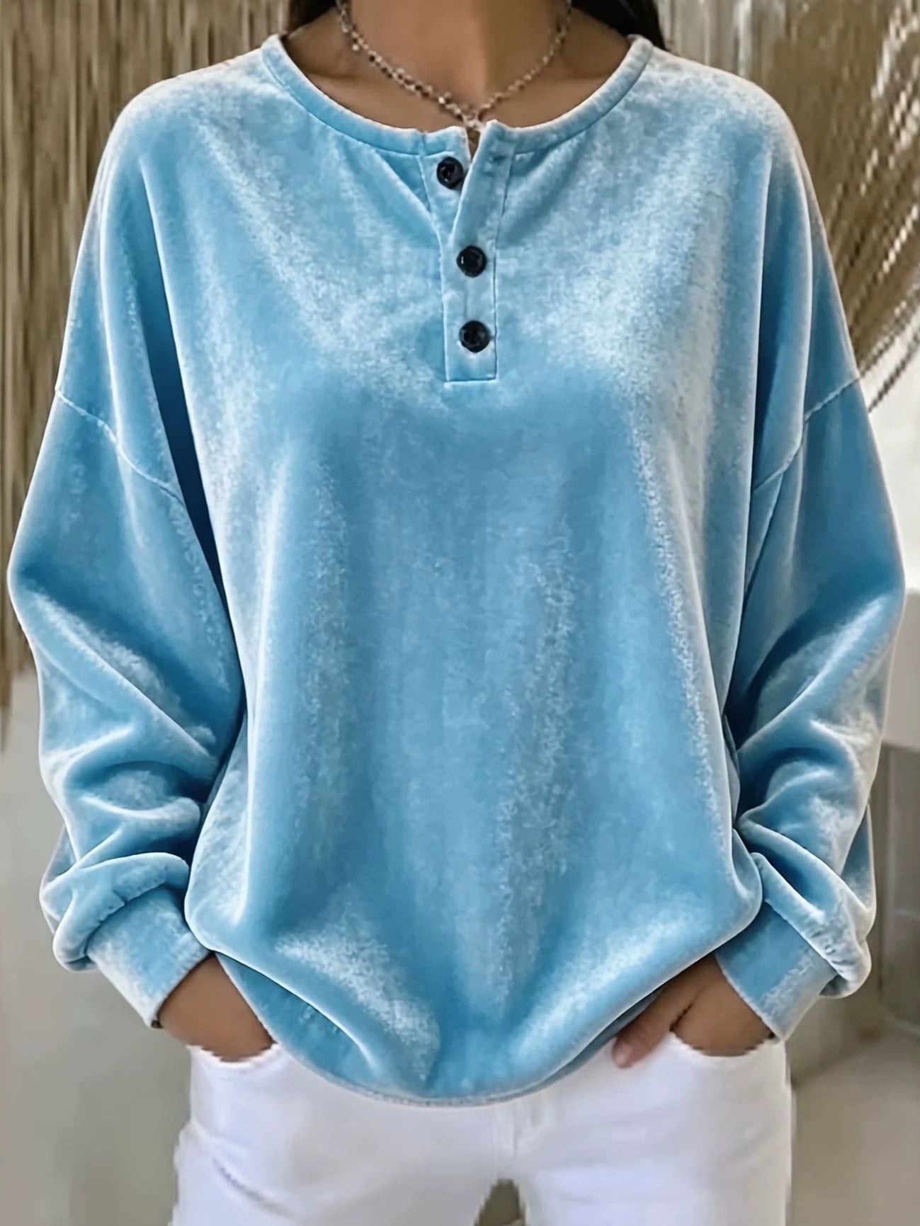 Women's Velvet Henley Sweatshirt oversized with Button Placket and Dropped Shoulder Chichicherry