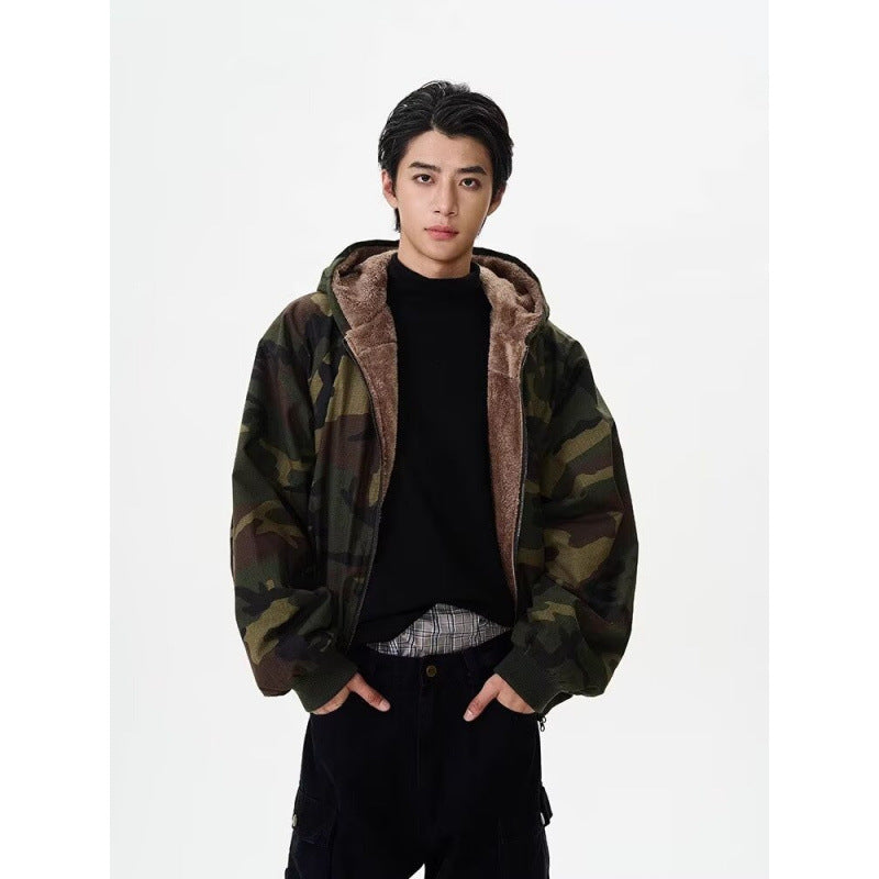 Herren Gefütterte Kapuzen-Bomberjacke mit Kunstfellfutter und Camouflage-Muster Chichicherry