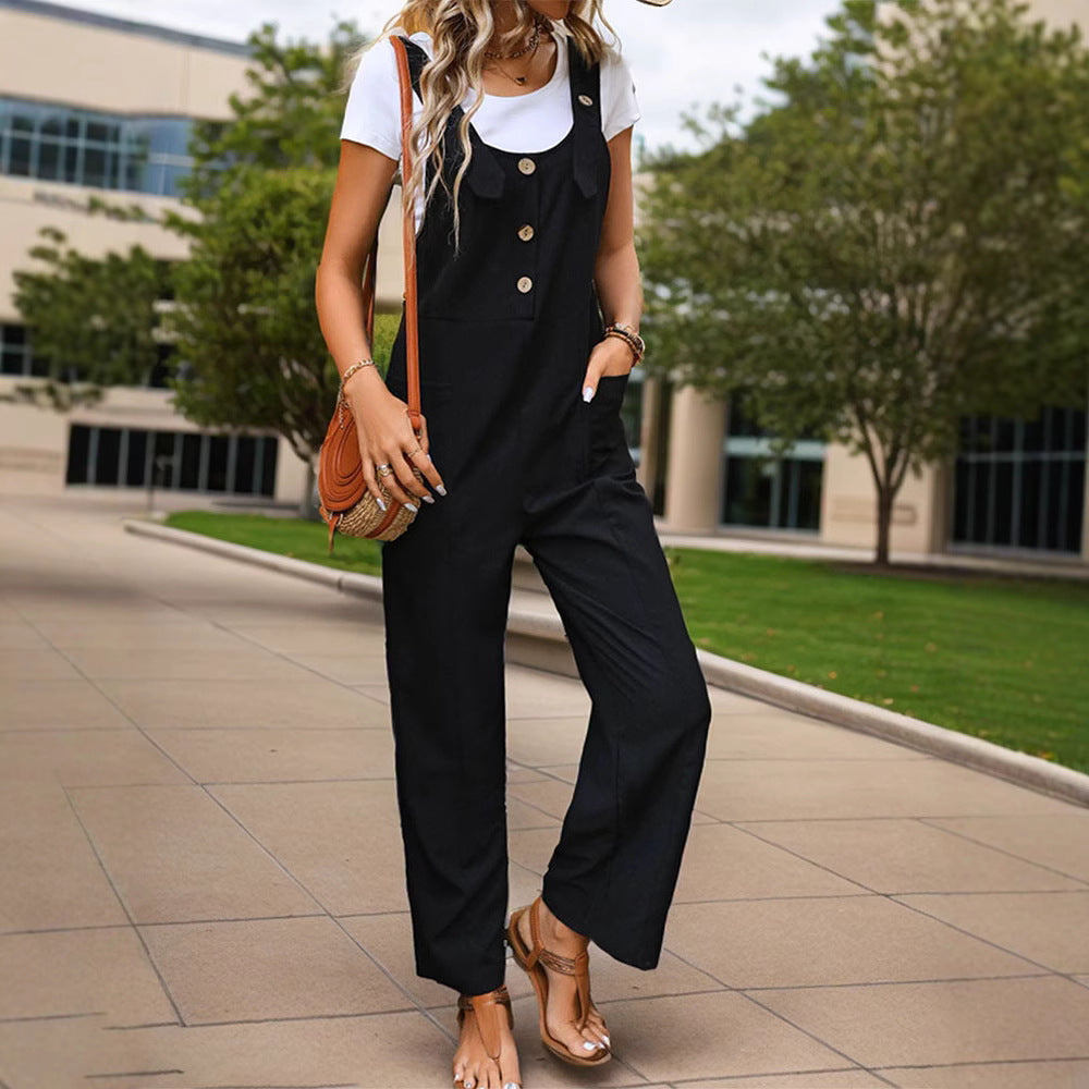 Ladies Soft-Falling Strap Jumpsuit with Wide Leg and Wooden Button Closure Chichicherry