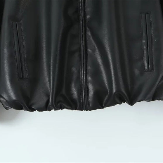 Women's Oversize Faux Leather Bomber with Shirt Collar, Concealed Zipper and Balloon Sleeves Chichicherry
