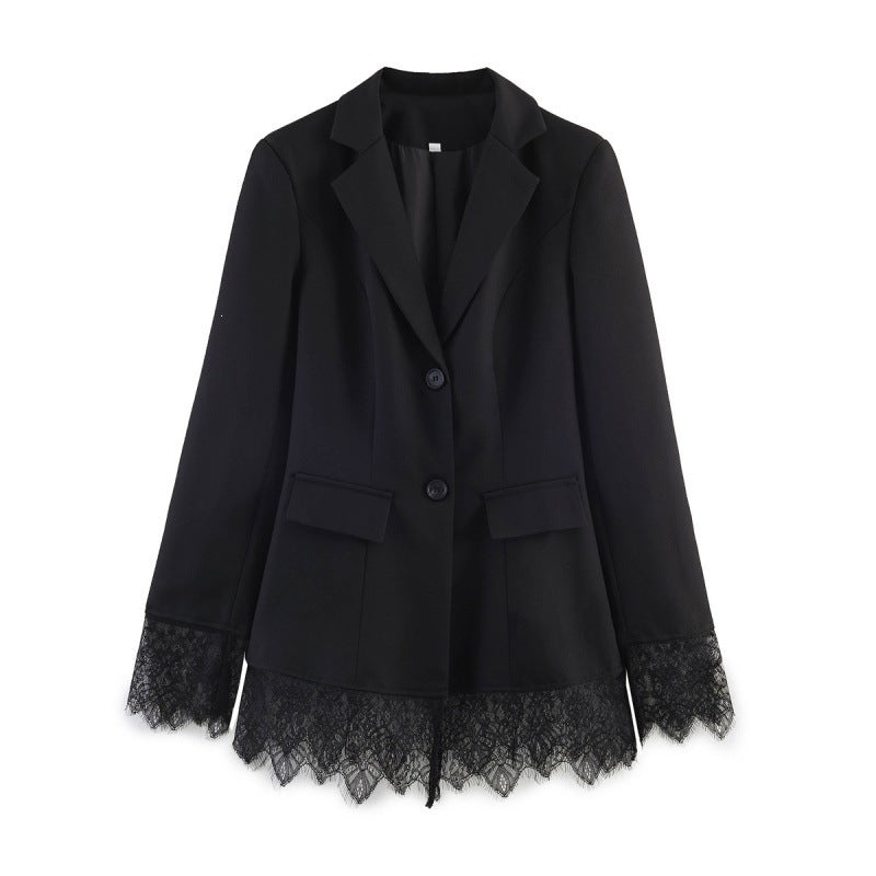 Women tailored blazer with lace trim and flared hem Chichicherry