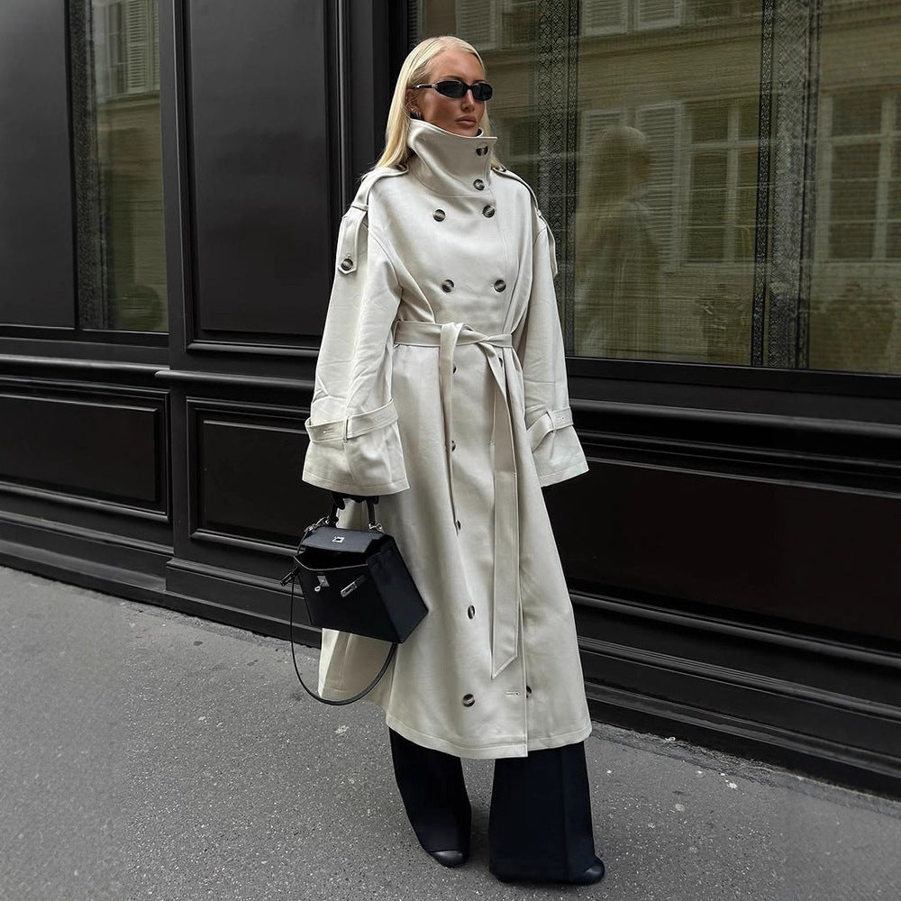 Women's Double-Breasted Leather-Look Coat with High Standing Collar and Tie Belt Chichicherry