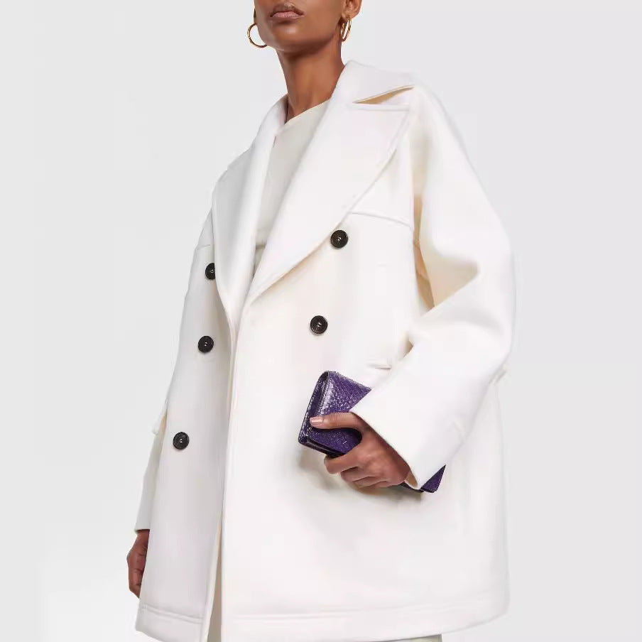 Women's short-cut double-breasted wool blend coat with wide shoulder Chichicherry