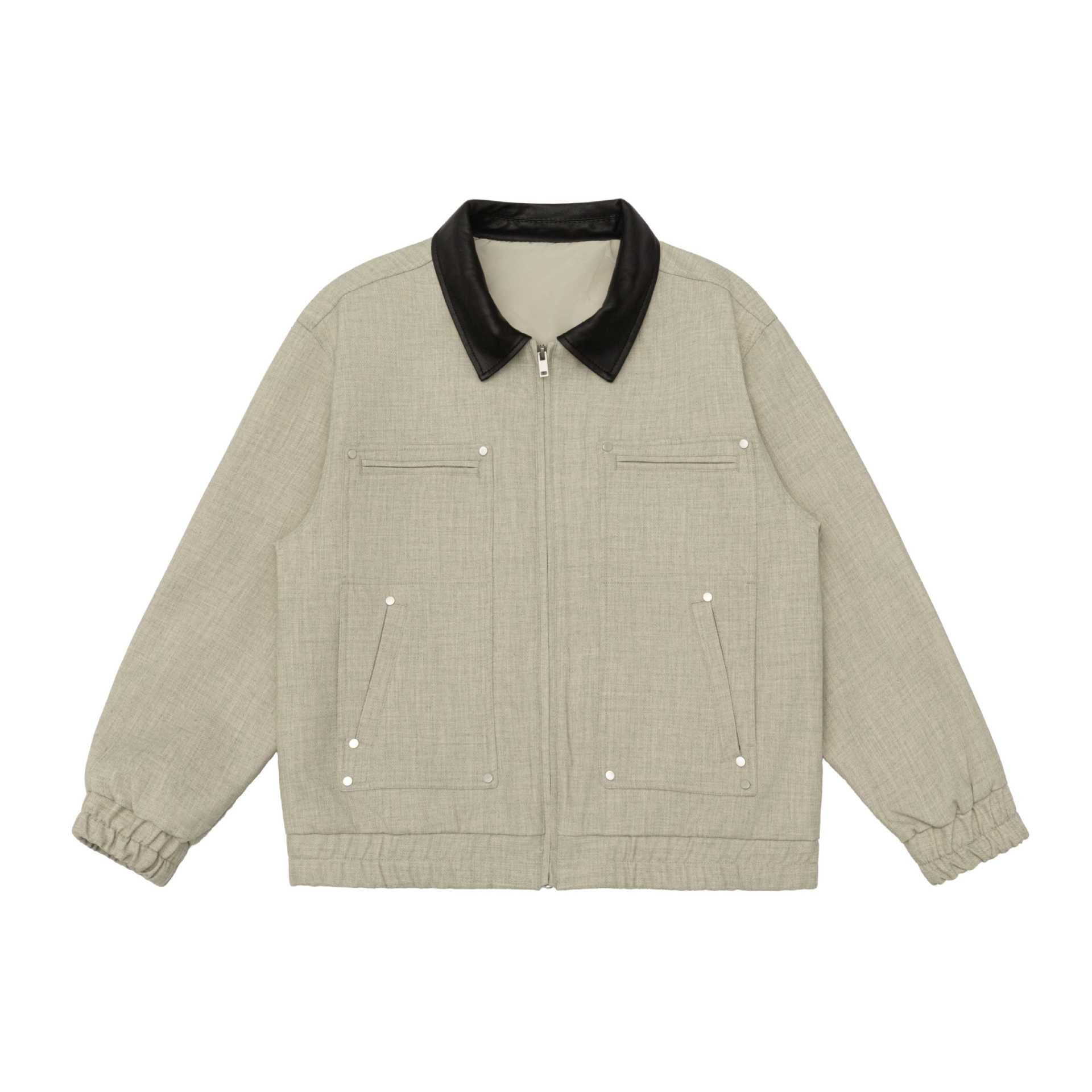 Unisex Boxy-Workwear-Blouson with leather-trimmed collar, utility pockets and elastic hem Chichicherry