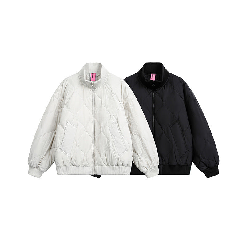 Ladies Quilted Short Blouson Jacket with Stand-Up Collar and Elastic Hem