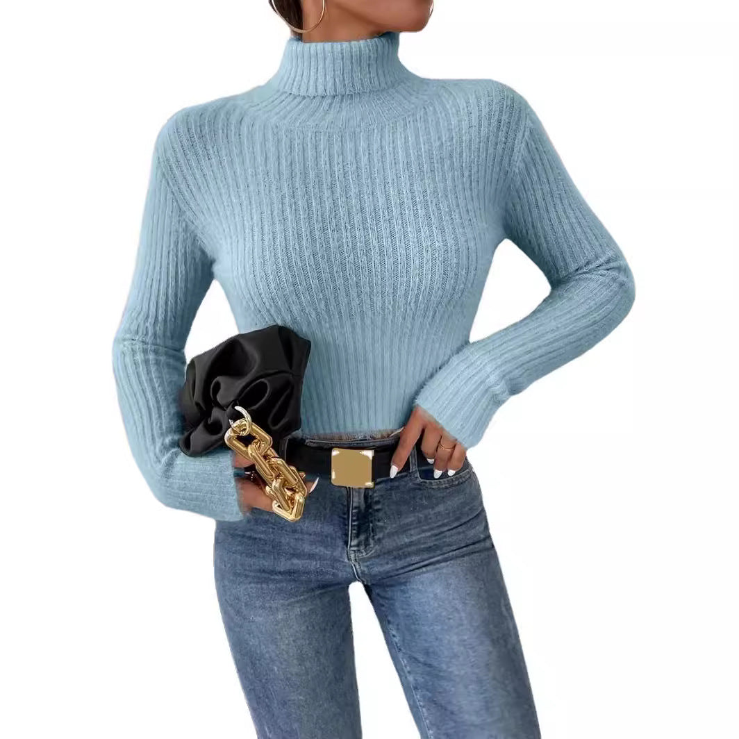 Women's Short Ribbed Turtleneck Sweater with Fluffy Mohair Look Chichicherry