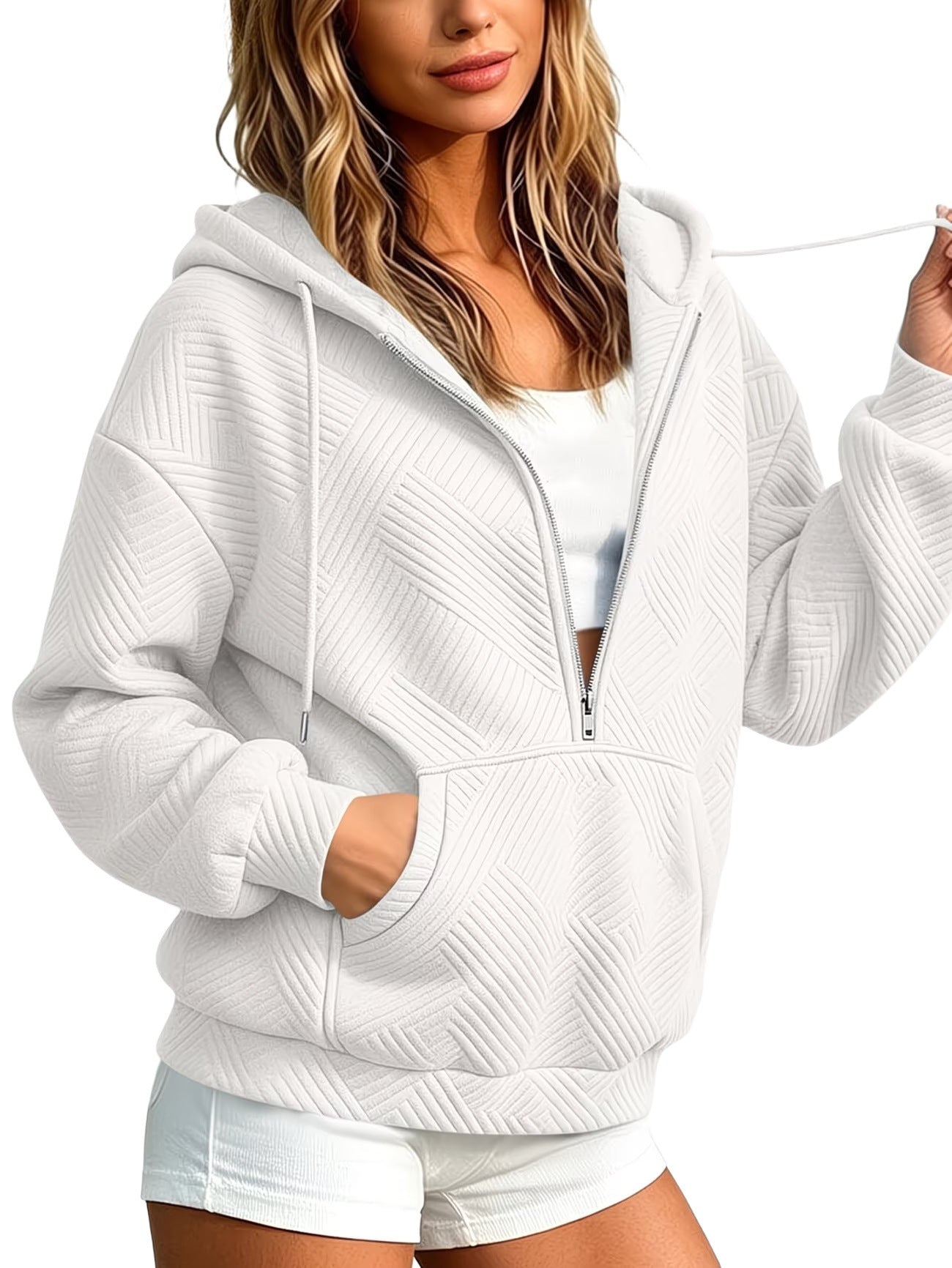Women's Quilted Half-Zip Hoodie with Geometric Quilted Texture Chichicherry