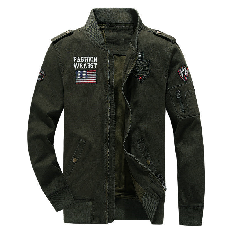 Men's Canvas-Field-Bomber Jacket with Embroidered Patches and Sleeve Utility Pocket Chichicherry