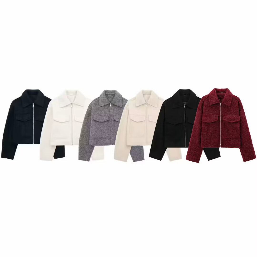 Women's Short Cut Sherpa Jacket with Zip and Flap Pockets Chichicherry