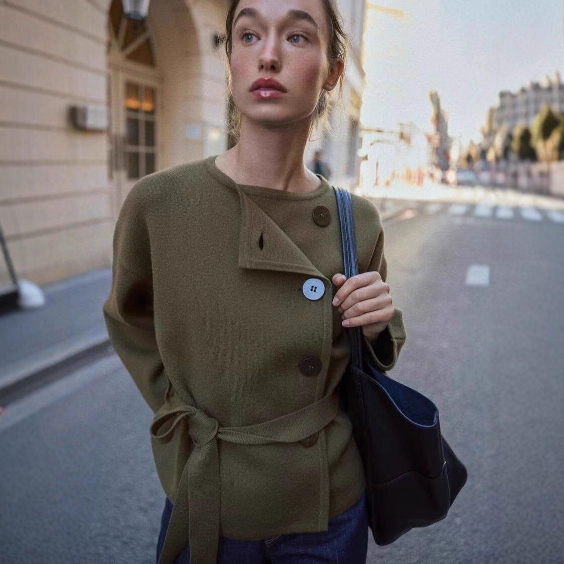 Women’s cardigan with asymmetric button placket and waist belt Chichicherry