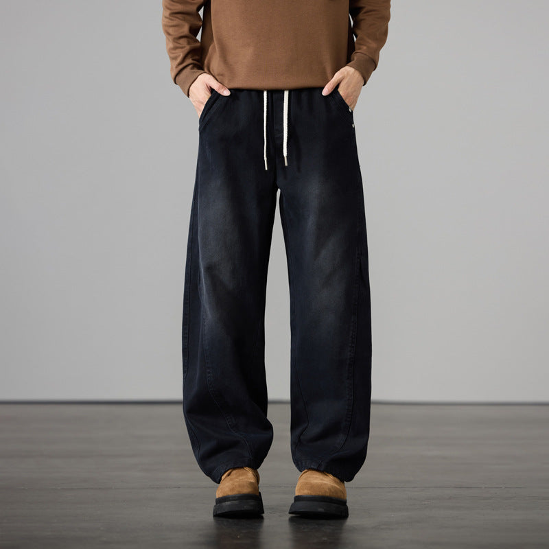 Men's Wide Cotton Drawstring Pants in Vintage Wash Look Chichicherry