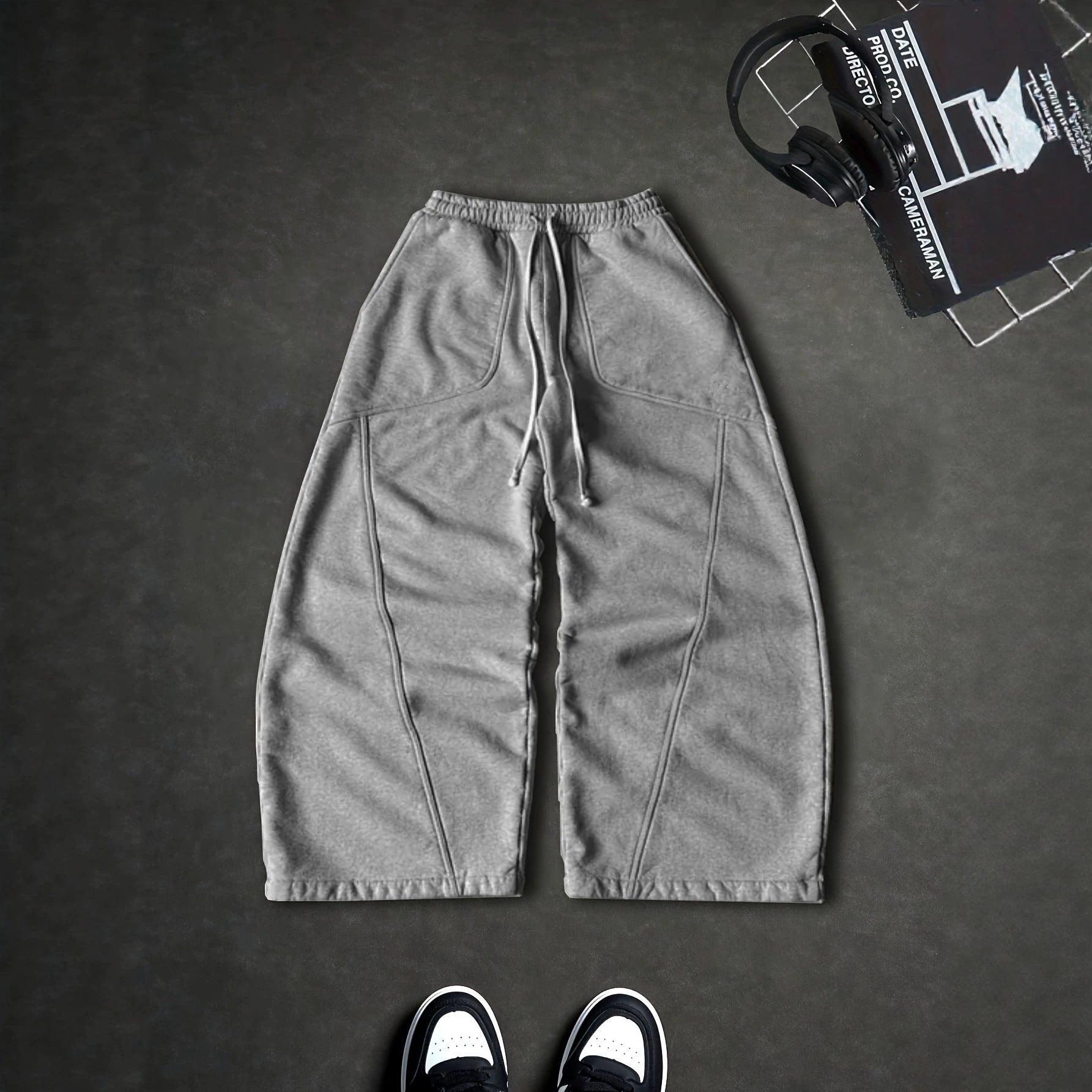 Women Wide Baggy Sweatpants with High Elastic Waistband, Drawstring and Seam Details Chichicherry