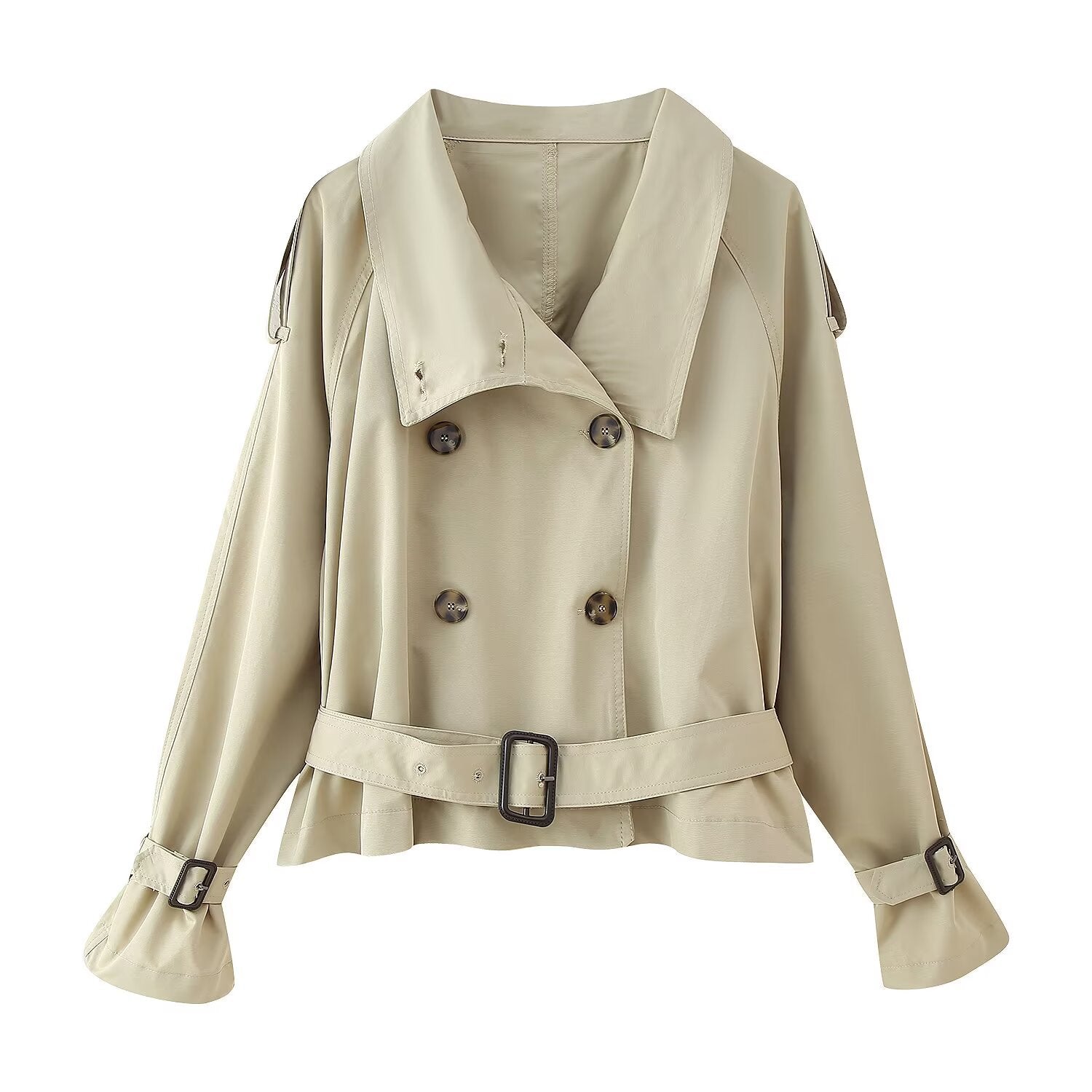 Women's short trench coat in boxy cut with double-breasted and belted waist Chichicherry