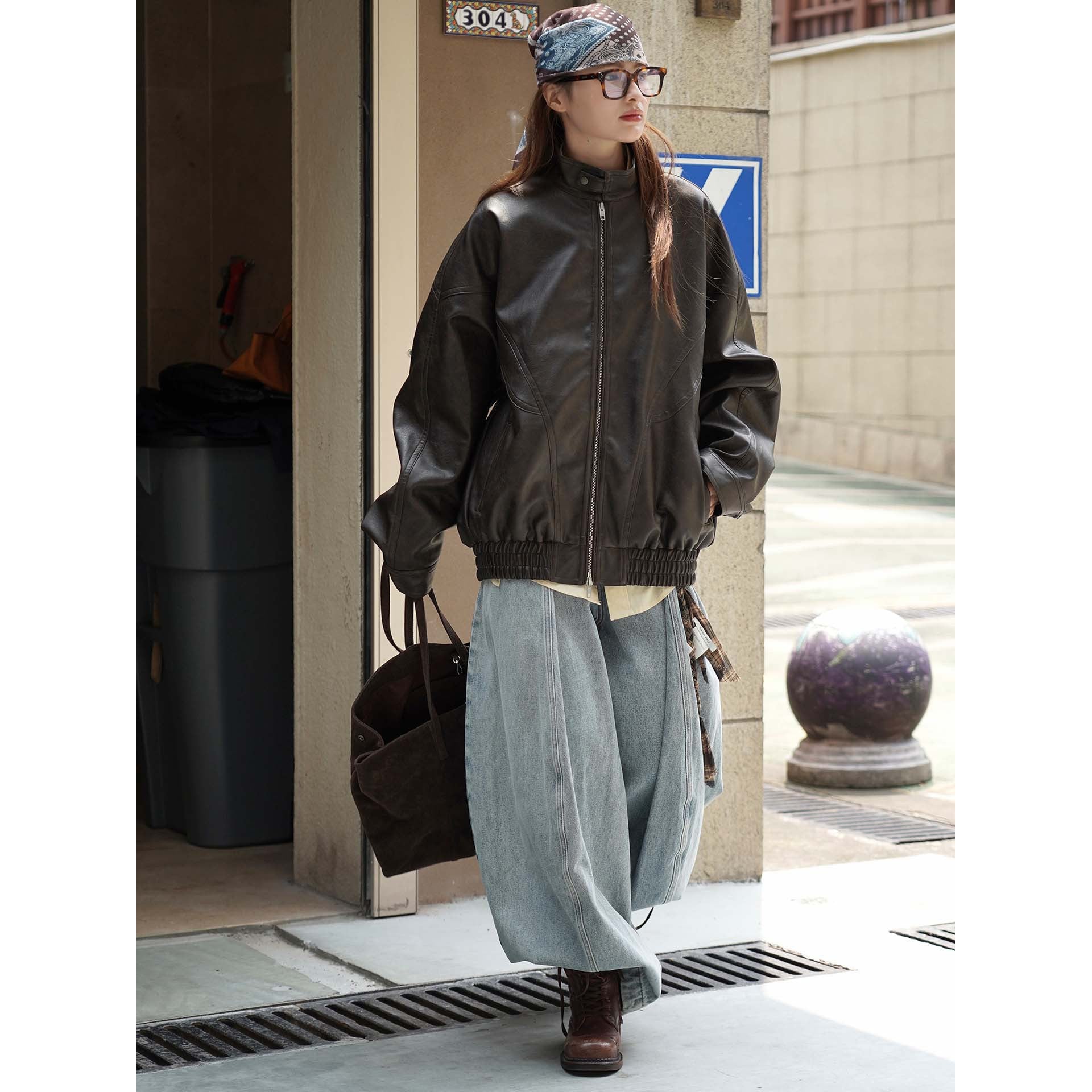 Women's Oversized Leather Bomber Jacket with Stand-up Collar, Concealed Zipper and Gathered Hem Chichicherry