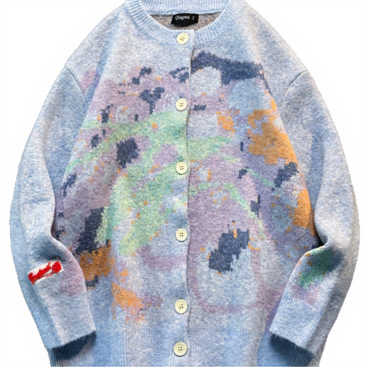Damen Oversized Strickjacke mit abstraktem Intarsia-Muster Chichicherry