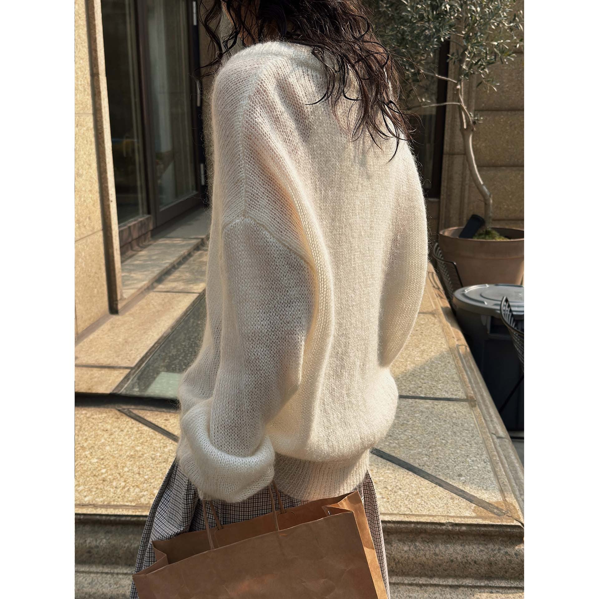 Women Oversize Mohair-Mix V-Neck Pullover with Extra Wide Sleeve Chichicherry