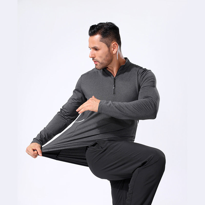 Men's Lightweight Sporty Long Sleeve Polo Shirt with Short Zipper and Stand-Up Collar Chichicherry