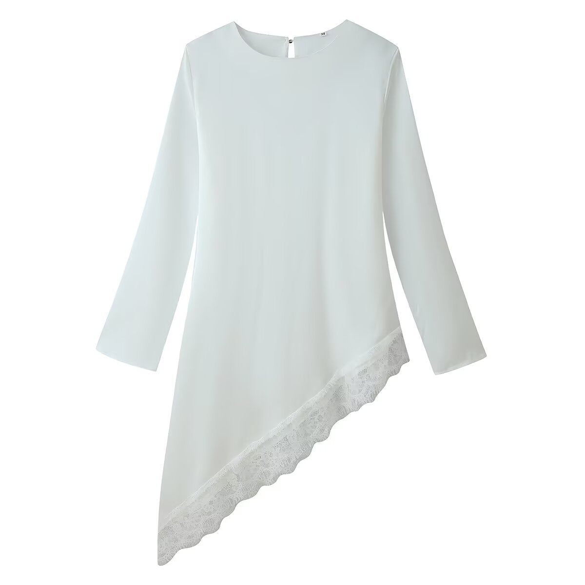 Women's Asymmetrical Long Sleeve Tunic with Lace Trim and Asymmetrical Hem Chichicherry